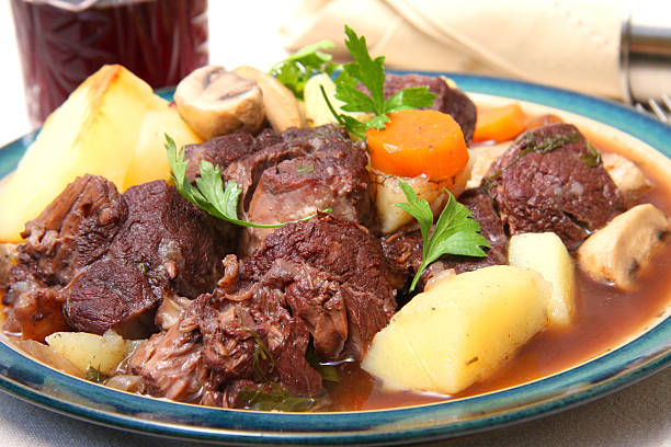 Plate of beef bourguignon for dinner stock photo