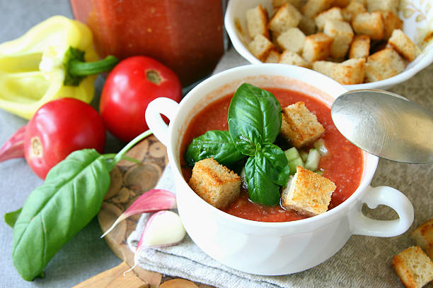 plate of gazpacho with croutons.. stock photo