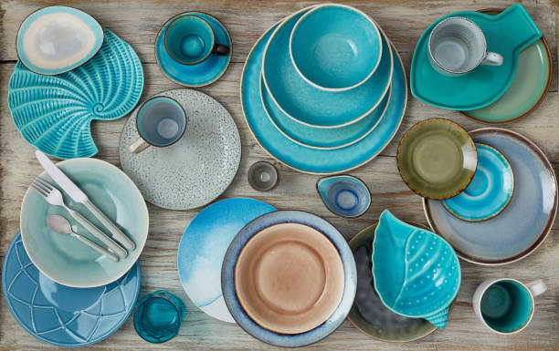 Plates variation Different plates on wood crockery stock pictures, royalty-free photos & images