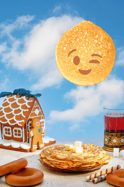 Playful still life with picturesque pancakes on Maslenitsa week, Russia stock photo
