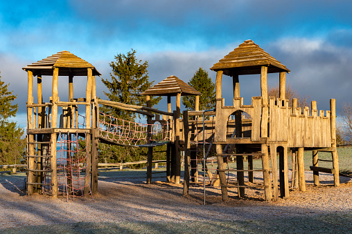 An adventure playground with wooden scaffolding