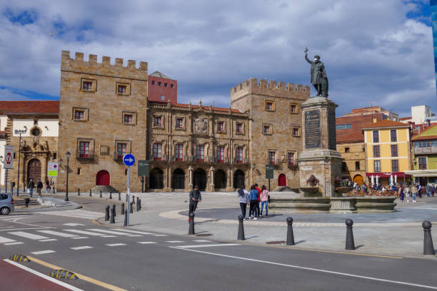 Plaza del Maques. Rey King Don Pelayo Square in Gijon, Asturias, Spain. Revillagigedo palace in background stock photo