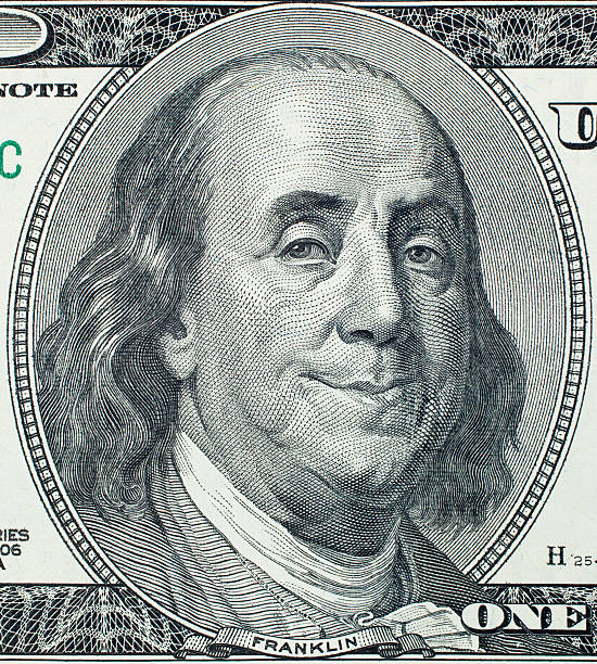 Pleased Benjamin Franklin portrait Pleased President Benjamin Franklin portrait on 100 US dollar bill benjamin franklin stock pictures, royalty-free photos & images