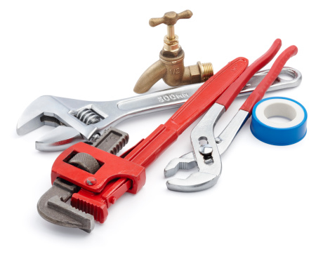 various type of plumbing tools on white background