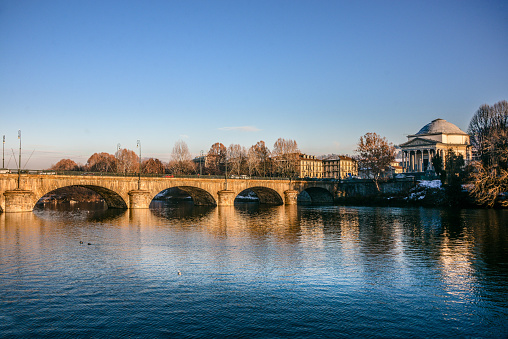 Po River and Bridge to Gran Madre Church in Turin Italy