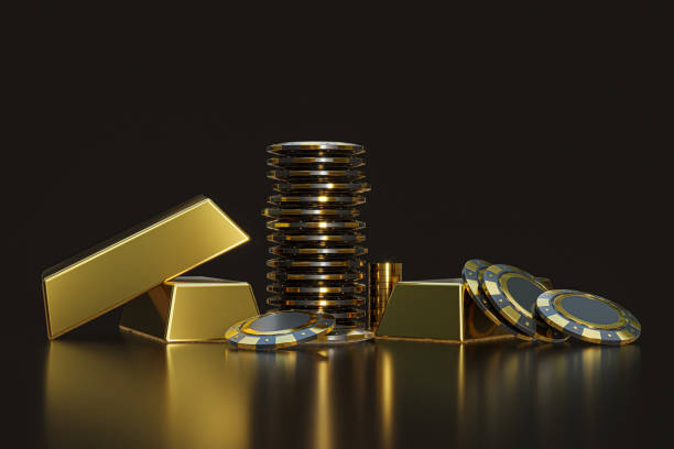 Poker chip and gold bar, isolated on dark background. Stack of poker chips and ingot standing on black floor. Take risks and get rich at the casino 3d rendering Poker chip and gold bar, isolated on dark background. Stack of poker chips and ingot standing on black floor. Take risks and get rich at the casino gold bar stock pictures, royalty-free photos & images