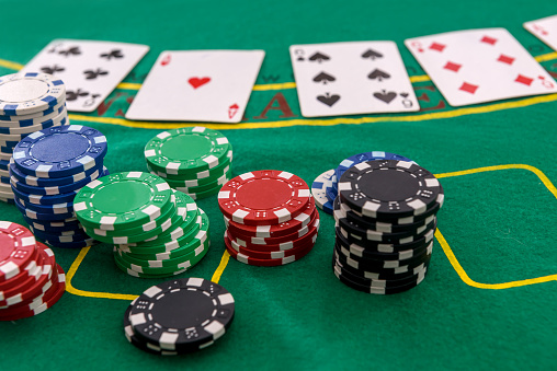 Poker Chips With Playing Cards On Table For Blackjack Casino And Gambling Stock Photo - Download Image Now - iStock