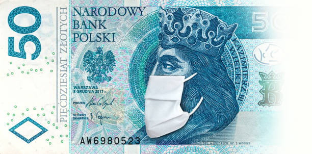polish banknote 50 zloty with face mask against coronavirus pandemic. - zl imagens e fotografias de stock