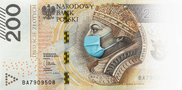200 polish zloty banknote with face mask against infection. - zl imagens e fotografias de stock