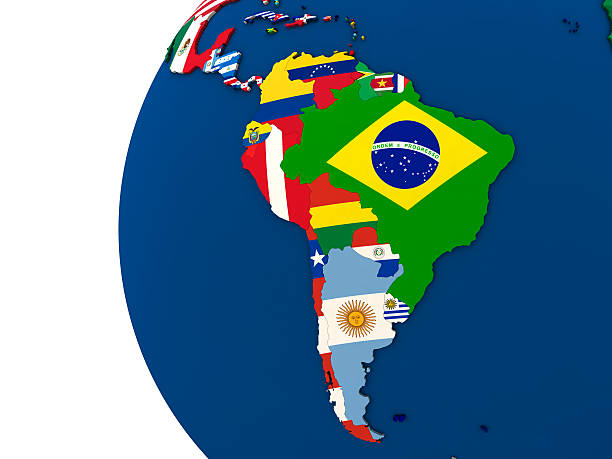 Political south America map Political map of south America with each country represented by its national flag. 3D Illustration. latin america stock pictures, royalty-free photos & images
