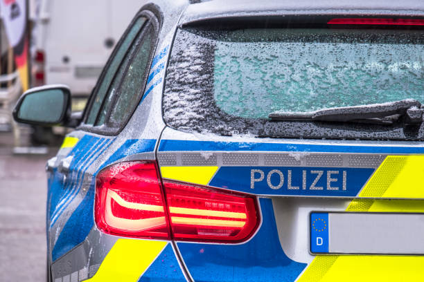 Polizei is the German word for police - Here written on the back of the police car stock photo