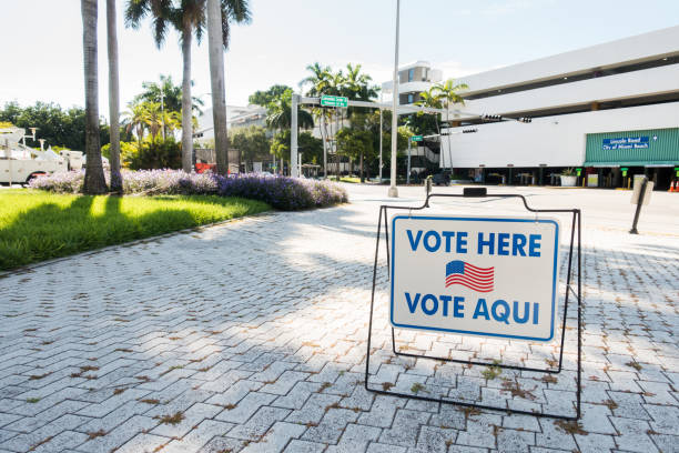 Polling Station Sign in Miami Beach in English and Spanish stock photo