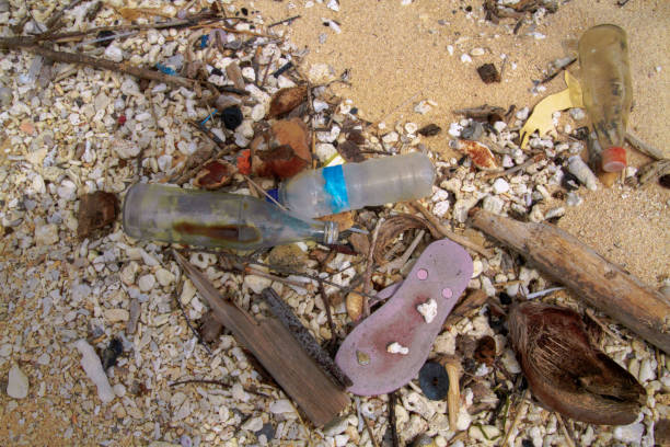 Pollution plastic rubbish on a remote island stock photo