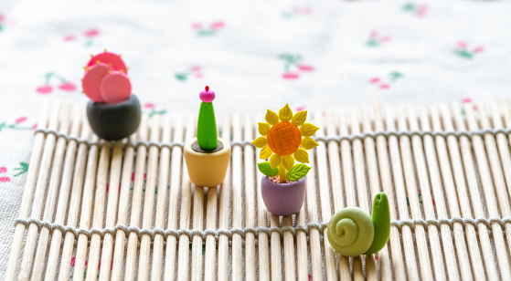 Polymer clay plants and animals: cacti, succulents, sunflowers, snails