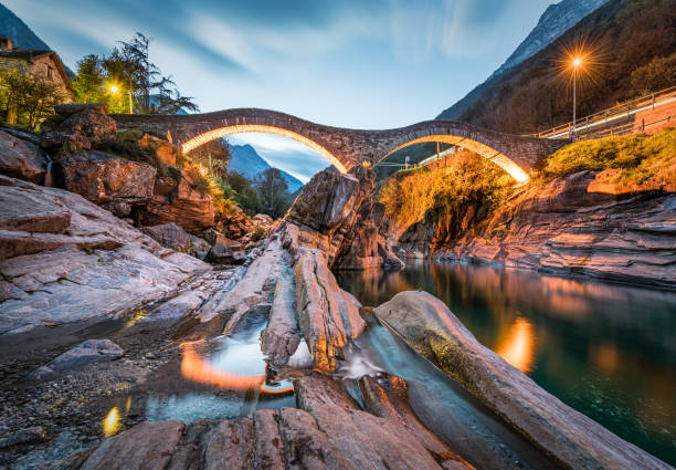 Ponti-dei-Salti bridge on the Verzasca river stock photo