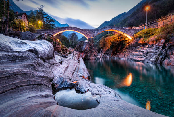 Ponti-dei-Salti bridge on the Verzasca river stock photo
