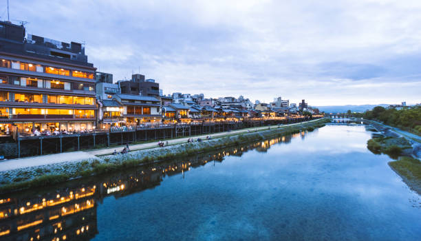 Pontocho traditional district view restaurant riverside in dusk time. stock photo