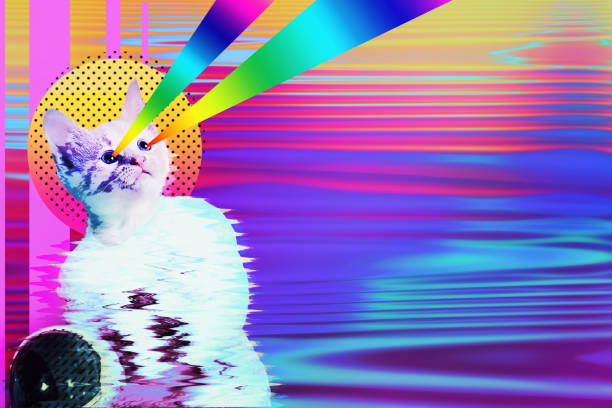 Pop art astronaut cat collage Pop art astronaut cat collage with rainbow rays, trendy contemporary concept design, vibrant vapor wave style background. bizarre stock pictures, royalty-free photos & images