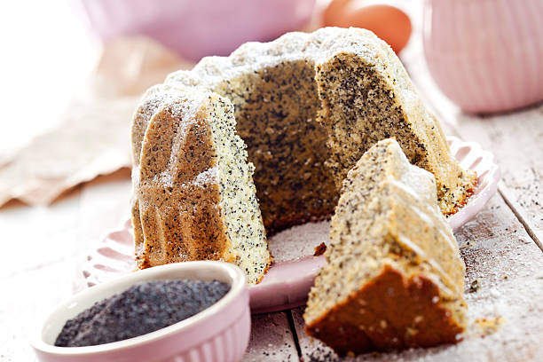 Poppy seed cake on plate stock photo