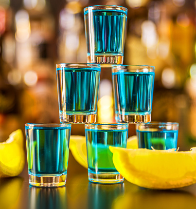 Popular Blue Drink Shot Kamikaze On The Background Of The Bar With ...