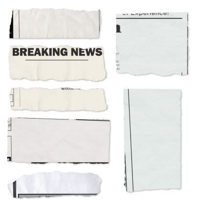 A variety of newspaper tears on white with drop shadows. Each one has a slightly different texture and color to look realistic.