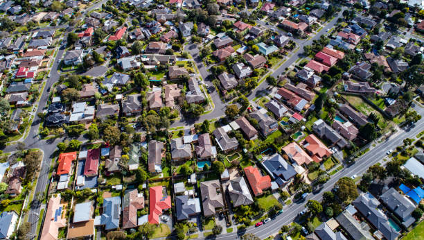 Populated Aerial shot of  houses in the outer suburbs of Melbourne. melbourne street stock pictures, royalty-free photos & images