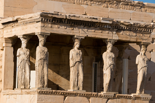 Athens, Greece- September 25, 2015: Porch of the Caryatids on the Erechtheion temple, Acropolis, Athens, Greece.
