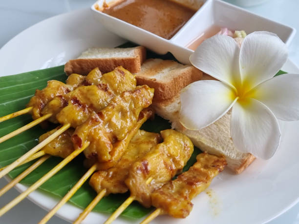 Pork Satay with Peanut Sauce on food and drink concept stock photo