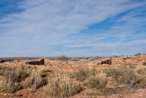 Pork Town Nearly a thousand years ago natives inhabited the plains between the Painted Desert and the San Francisco Peaks of Arizona. In an area so dry it would seem impossible to live, they built pueblos, harvested rainwater, grew crops and raised families. Today the remnants of their villages dot the landscape. Puerco Pueblo is in Petrified Forest National Park near Holbrook, Arizona, USA. jeff goulden badlands stock pictures, royalty-free photos & images