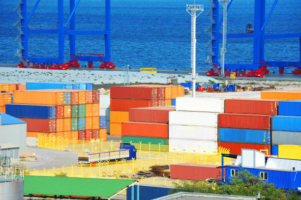 Port cargo crane and container stock photo