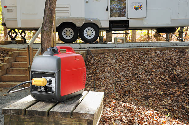 Portable generator with rv trailer stock photo