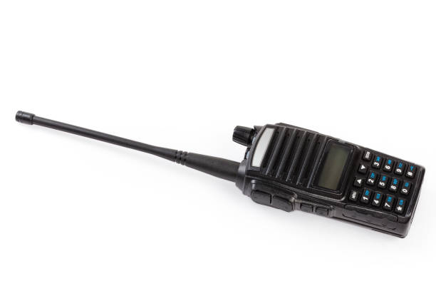Portable handheld FM transceiver on a white background Modern amateur portable handheld transceiver, so-called walkie-talkie or two-way radio on a white background public service stock pictures, royalty-free photos & images