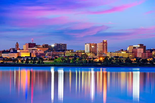 Portland, Maine Skyline Portland, Maine, USA downtown cityscape at Back Cove. maine stock pictures, royalty-free photos & images