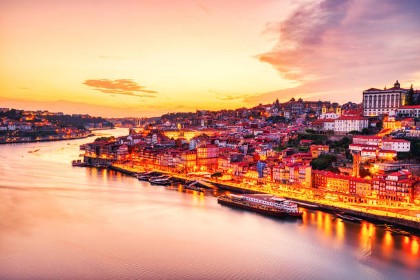 Porto Aerial Cityscape over Douro River at Amazing Sunset stock photo