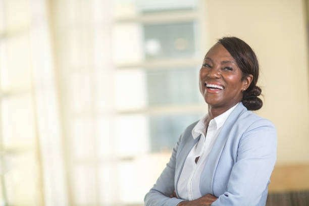 Portrait of a black mature healthy older woman smiling. stock photo