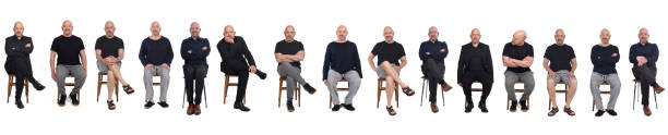 Portrait of a man on white line of same man view in various outfits sitting on white background, front view same person different outfits stock pictures, royalty-free photos & images