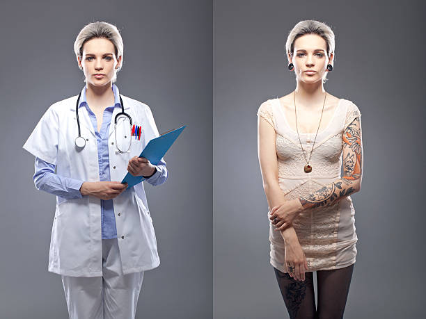 Portrait of a tattooed person This series aims to portrait tattooed people in their professional and private lives. same person different outfits stock pictures, royalty-free photos & images