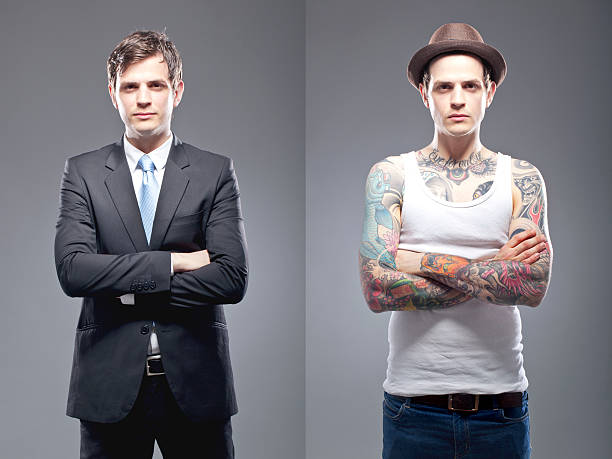 Portrait of a tattooed person This series aims to portrait tattooed people in their professional and private lives. same person different outfits stock pictures, royalty-free photos & images