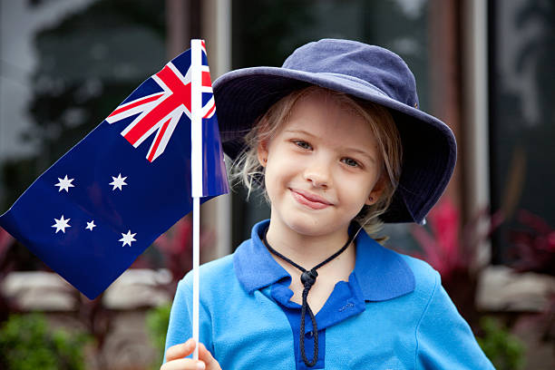 Portrait of a young girl with an Australian Flag  stock photo
