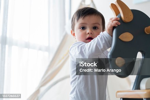 istock Portrait of an 11 month old baby looking at the camera while holding on to his horse and trying to take his first steps 1327265527