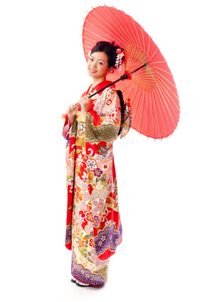 portrait of asian woman wearing red furisode isolated on white background asian woman wearing traditional japanese furisode furisode stock pictures, royalty-free photos & images