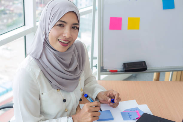 portrait of beautiful asian muslim executive lady working in a home office portrait of beautiful asian muslim executive lady with hijab writing on sticky notes inside a start-up office building business Malaysia stock pictures, royalty-free photos & images