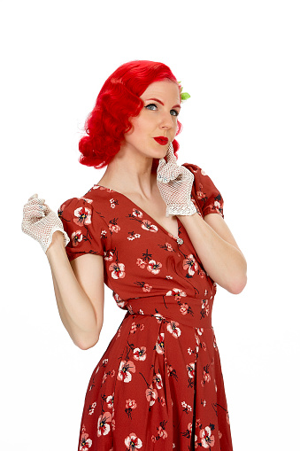 Portrait Of Beautiful Pinup In Retro Style Red Dress Red Hair Thinking Side  View Stock Photo - Download Image Now - iStock