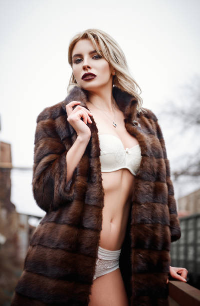 Portrait of beautiful sensual young woman in fur coat and underwear stock photo