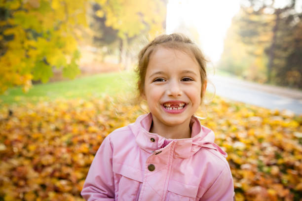Portrait of Cute little girl with missing teeth playing with yellow fallen leaves in autumn forest stock photo