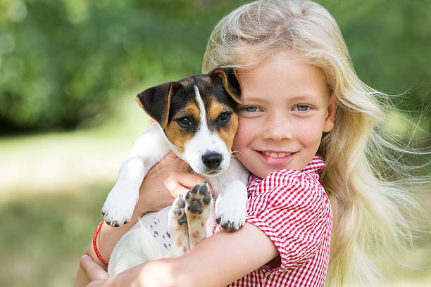 ペットの犬を抱く少女の肖像 - 犬　少女 ストックフォトと画像