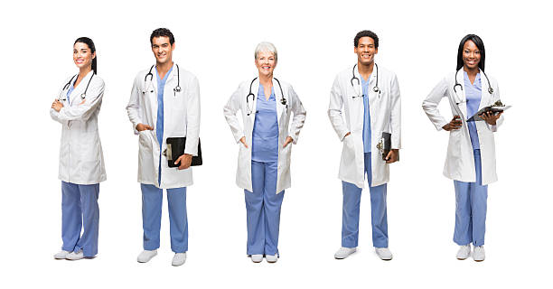 Portrait of happy medical professionals Portrait of happy medical professional isolated over white lab coat stock pictures, royalty-free photos & images