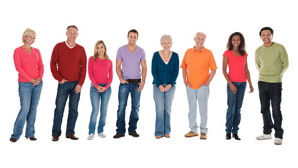 Portrait Of Multi-Ethnic Group Full length portrait of multi-ethnic group standing isolated over white background. 60 69 years photos stock pictures, royalty-free photos & images