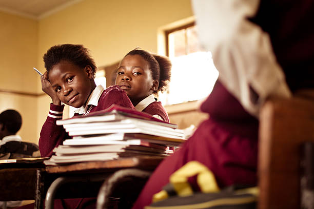 Portrait of South African girls in a rural Transkei classroom stock photo