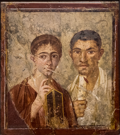 Portrait of the baker Terentius Neo and his wife. Perhaps ht only one of this kind discovered in the ancient roman site of Pompeii, near Naples. It was completely destroyed by the eruption of Mount Vesuvius.